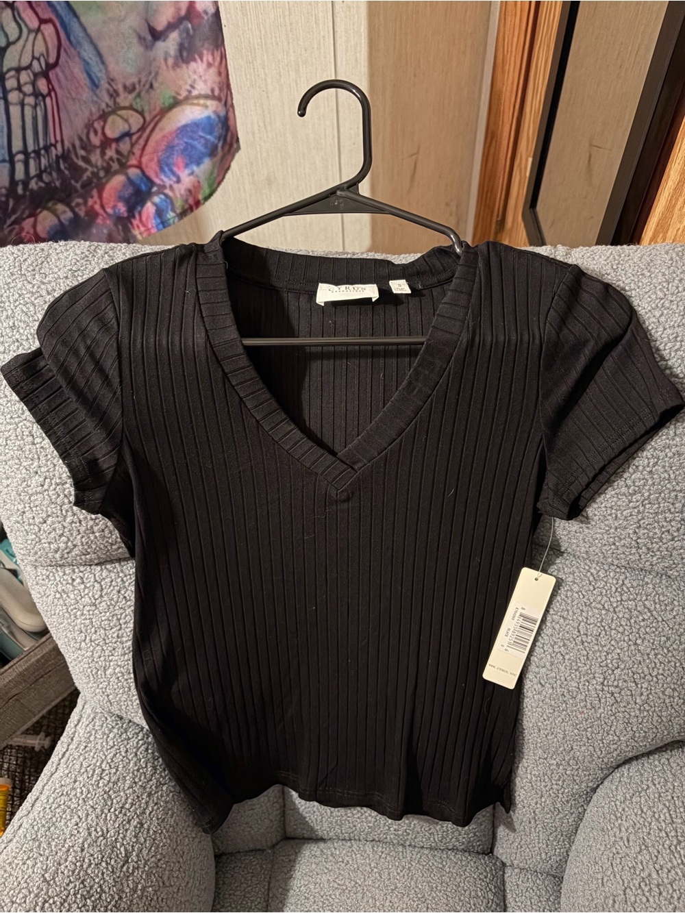 Cyrus Black Ribbed V-Neck Short Sleeve Top